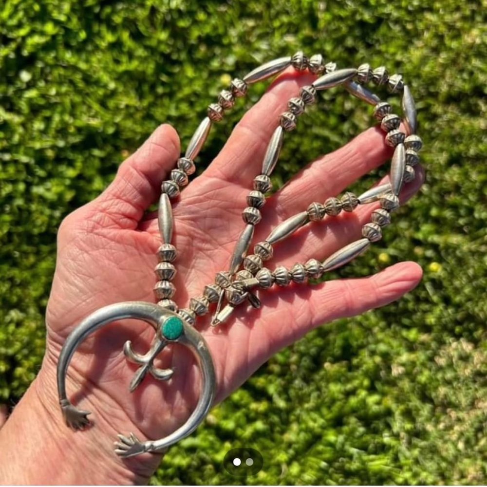 💕27’ Navajo Southwestern Sterling Fluted Bead w/ 2’ Naja Turquoise Necklace!